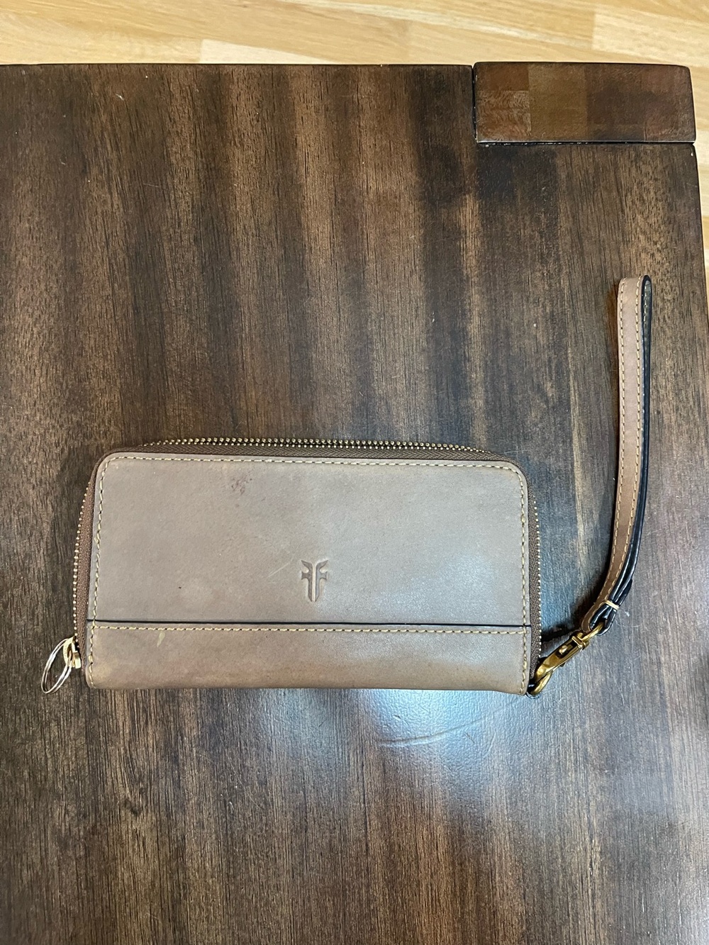 Frye Taupe Brown Leather Zip Wristlet with Strap